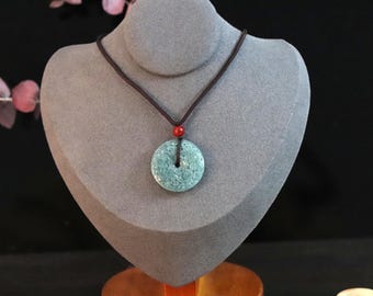 Carved Floral Jade Pendant Necklace: Green Disc Charm