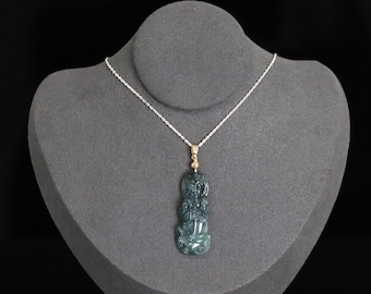 Authentic Guan Yin Jadeite Carved in Standing Pose Pendant with a golden bail