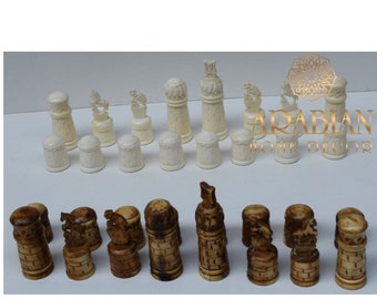 Bone Chess Pieces, Egyptian Handmade set of 32 pieces, Handcarved Bone Chess Pieces set, chess set, Board games, 4" height for the King