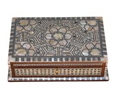Egyptian Mother of pearl Mosaic Wooden Jewelry Box, Handemade 10 quot 6 quot Wood Jewelry Box, Morocco Marquetry Storage Organizer, Wedding Gift