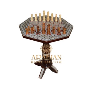 Chess Game Table, Octagonal Board Game 16" Wide Egyptian Mother of Pearl Inlaid Chess Side Table, Morocco Coffee Table, Home Décor