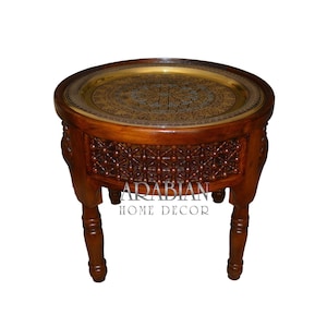Moroccan 20&quot; Round Oxidize Brass Tray Table, Brass Coffee Tea Table, Moroccan Home Decor , Morocco Mashrabeya Latticework Furniture Table