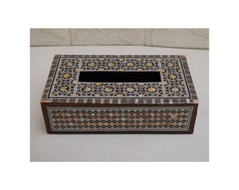 Handcrafted Egyptian Mother of Pearl Inlaid Wooden Tissue Box Cover, Luxury Oriental Home Decor