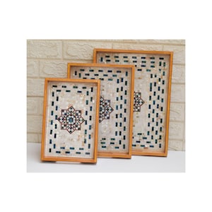Handmade Mother of Pearl Serving Tray Set, Wooden Inlay Trays, Decorative Mosaic Home Decor