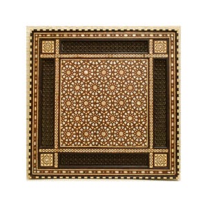 May include: A square wooden tray with detailed inlaid star patterns. The central panel is dark brown with a repeating star design, framed by lighter wood and decorative borders. The outer frame has a light-coloured border with small, dark accents.