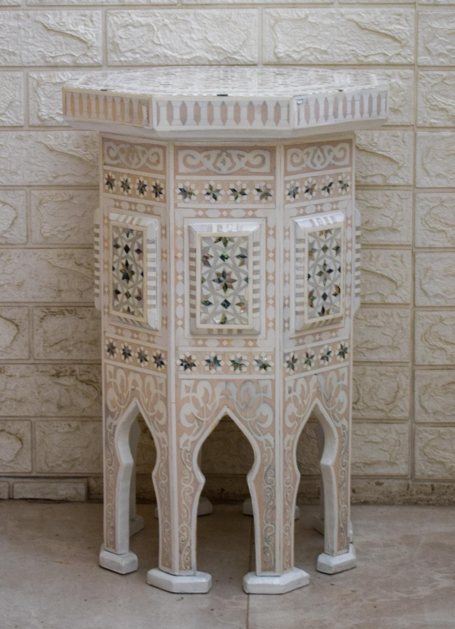 Handmade Egyptian Wood Side Table: Mother of Pearl Inlay, Moroccan