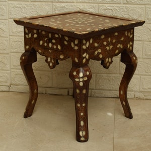 Vintage Syrian Side Table: Handcrafted Mother of Pearl Inlay, Moroccan Decor