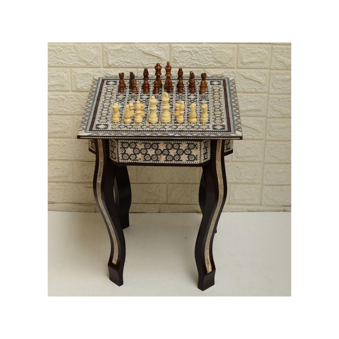 Chess Game Table With 2 Drawers, Board Game 16 Square Egyptian Mother