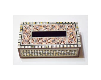 Tissue Box Cover, Handcrafted Egyptian Natural Mother of Pearl Inlaid Rectangular wooden Napkin Case Holder, Tissue Dispenser, Home Decor