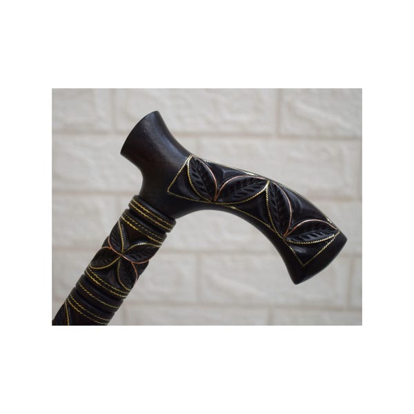 Hand Carved Ebony Wood Walking Cane: Egyptian Brass Copper Inlaid Stick (38 inch)