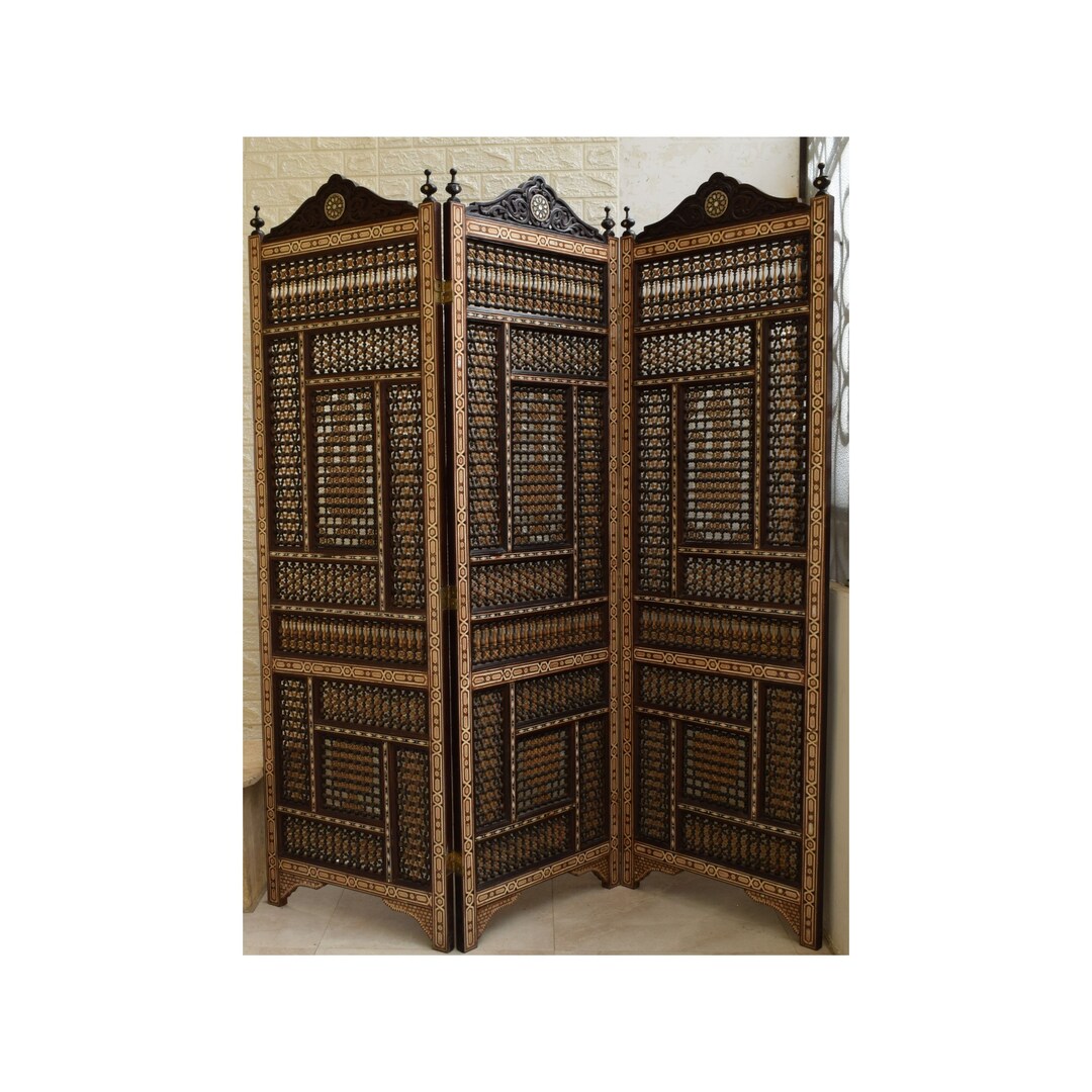 Vintage 2 Sided Carved Wood Latticework Screen Mashrabeya Mashrabiya
