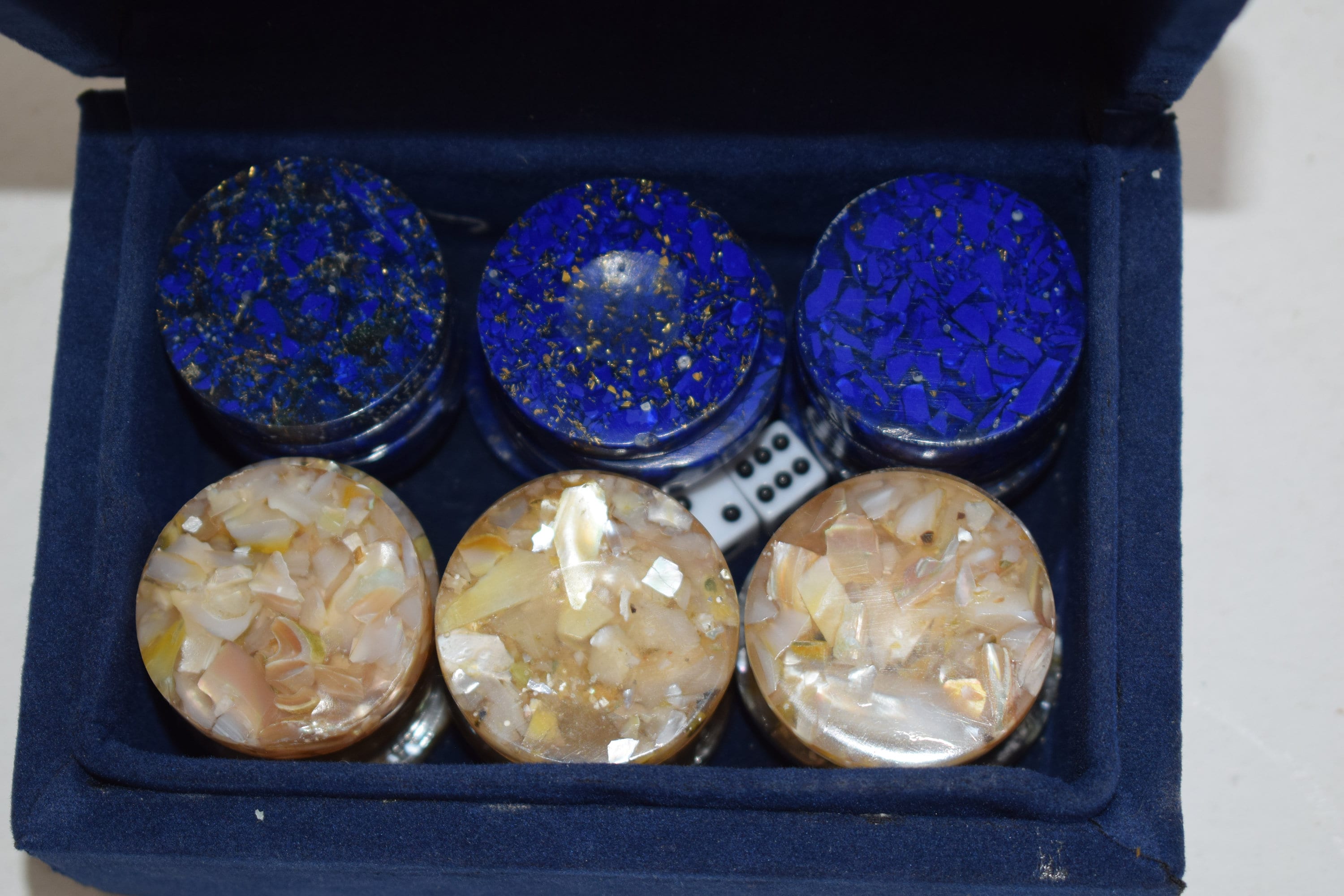 Handmade Egyptian Backgammon Chips: Mother of Pearl & Lapis Inlaid
