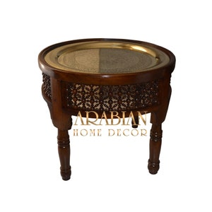 Handcrafted Moroccan 20&quot; Round Gold Brass Tray Table, Brass Coffee Tea Table, Moroccan Home Decor Furniture, Mashrabeya Latticework Table