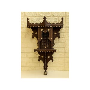 Hand Carved Syrian Wood Shelf: Mother of Pearl Inlay, Moroccan Decor