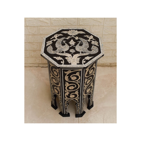Handmade Egyptian Wood Side Table: Mother of Pearl Inlay, Moroccan Design