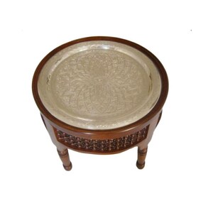 Handcrafted Moroccan Round Brass with silver finish Tray Table / Brass Coffee Tea Table/Moroccan Home Decor Furniture
