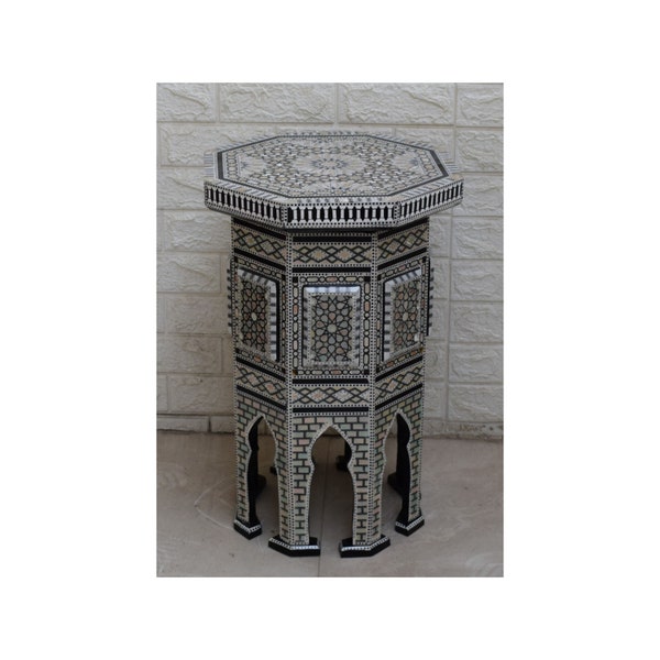 Handmade Egyptian Mother of Pearl Inlaid Side Table: Moroccan Decor, 23" Height