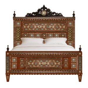 Moroccan Mother of Pearl, Bone Bed, Custom Handmade Inlaid Headboard, Solid Wood King Bed Frame Luxury Furniture - Made to Order