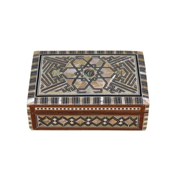 Egyptian Mother of Pearl Inlay Mosaic Wooden Jewelry Box Handmade