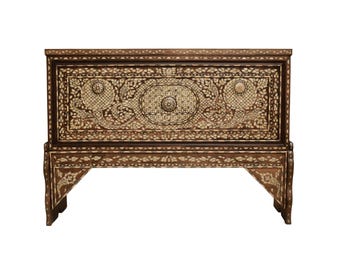 Antique 19th Century Syrian Wedding Chest – Walnut Wood with Mother of Pearl Inlay – Handmade Storage Trunk – Ottoman Style Furniture