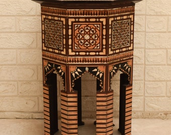 Moroccan Wood Side Table: Mother of Pearl & Bone Inlay, 24