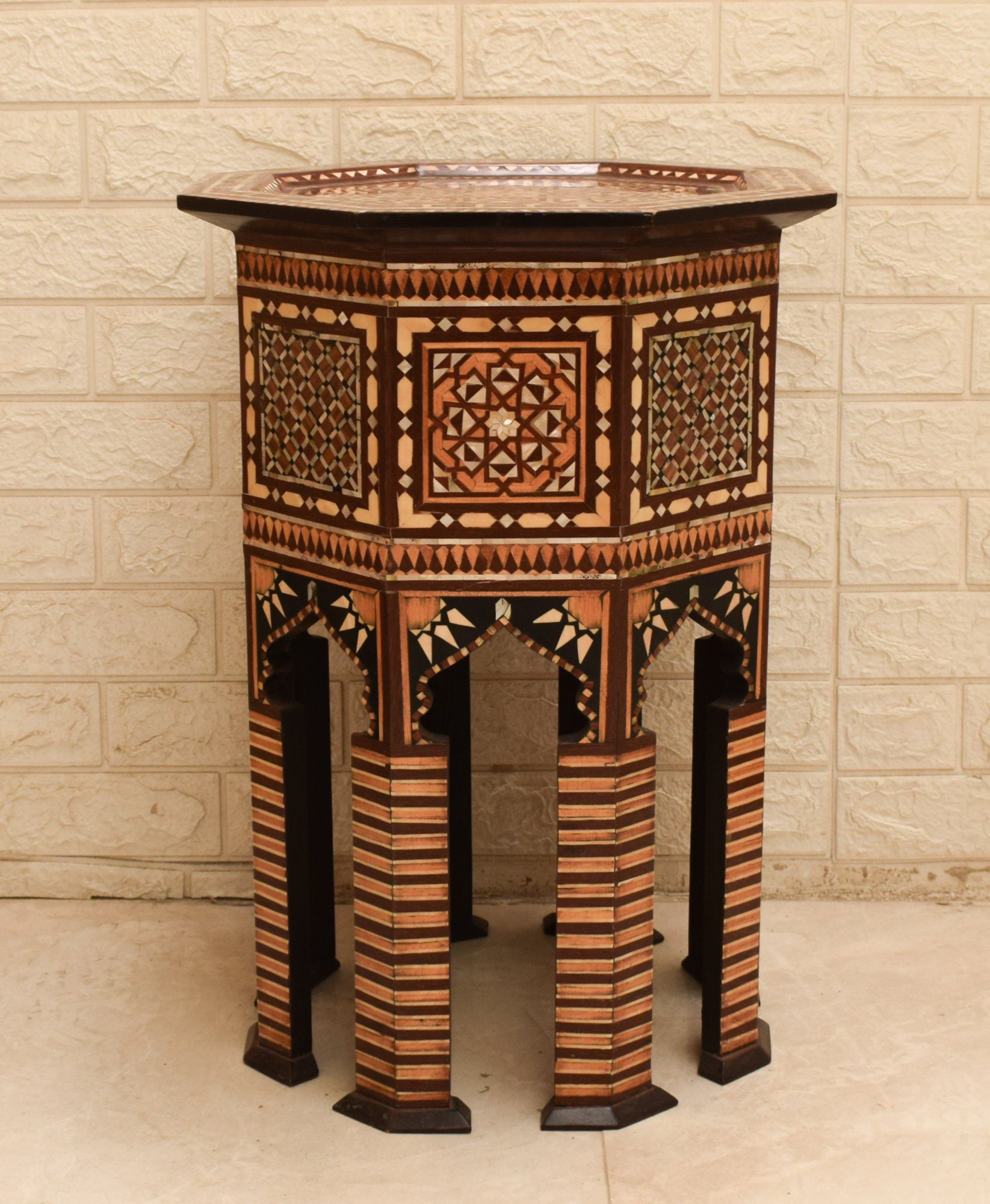 Moroccan Wood Side Table: Mother of Pearl & Bone Inlay, 24