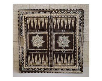 Handcrafted Wood Backgammon Chess Board: Mother of Pearl Inlay (25 inch)