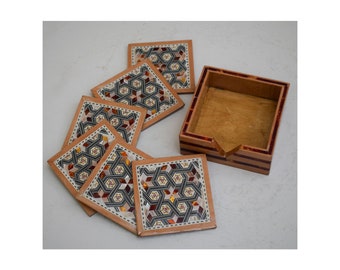 Egyptian Mosaic Coaster Set: Mother of Pearl Inlay, Handmade Wood Coasters