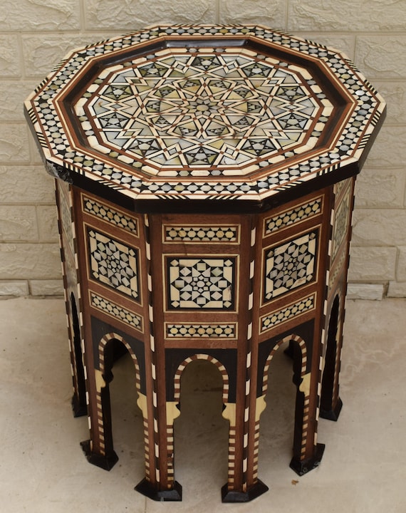 Egyptian Moroccan 21" Height Mother of Pearl Inlay Wood Coffee Side End Table 