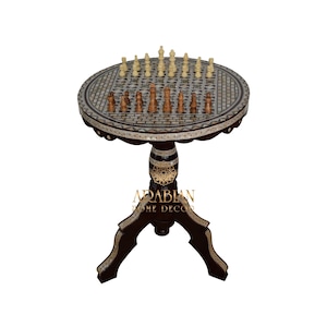 Tavolo da gioco scacchistico, gioco da tavolo rotondo, tavolo da tavolo egiziano da 20" di diametro Egizia Madreperla Scacchi intarsiato Tavolino, Tavolino Marocco, Arredamento per la casa