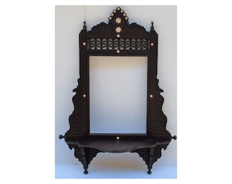 Handcarved Syrian Inlaid Wood Wall Mirror Frame with Shelf