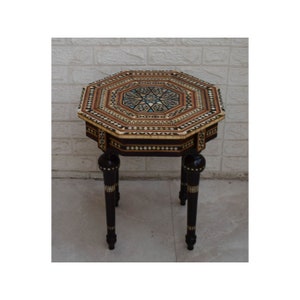 Octagonal 18" Wide Egyptian Mother of Pearl Inlaid Side Table, Mosaic Wooden Table, Coffee & End Table, Side Table, Moroccan Table