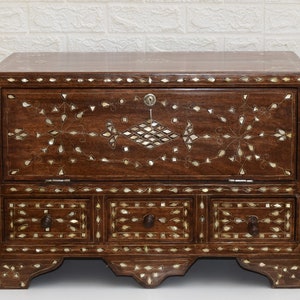 Handcrafted Syrian Wood Chest of Drawers, Moroccan Middle Eastern Trunk, Wooden Mother of Pearl Inlaid Box Storage, Home Decor Furniture