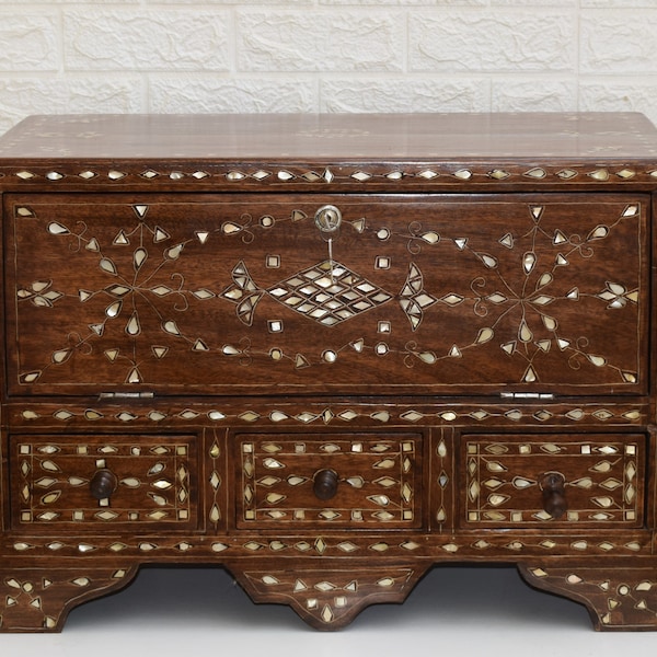 Handcrafted Syrian Wood Chest of Drawers, Moroccan Middle Eastern Trunk, Wooden Mother of Pearl Inlaid Box Storage, Home Decor Furniture