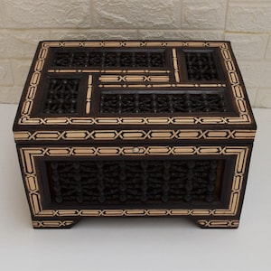 Vintage Wood Jewelry Box, Egyptian Middle Eastern Mashrabeya Latticework Chest, Wooden Jewellery Box Storage, Bone Inlaid Wood Box