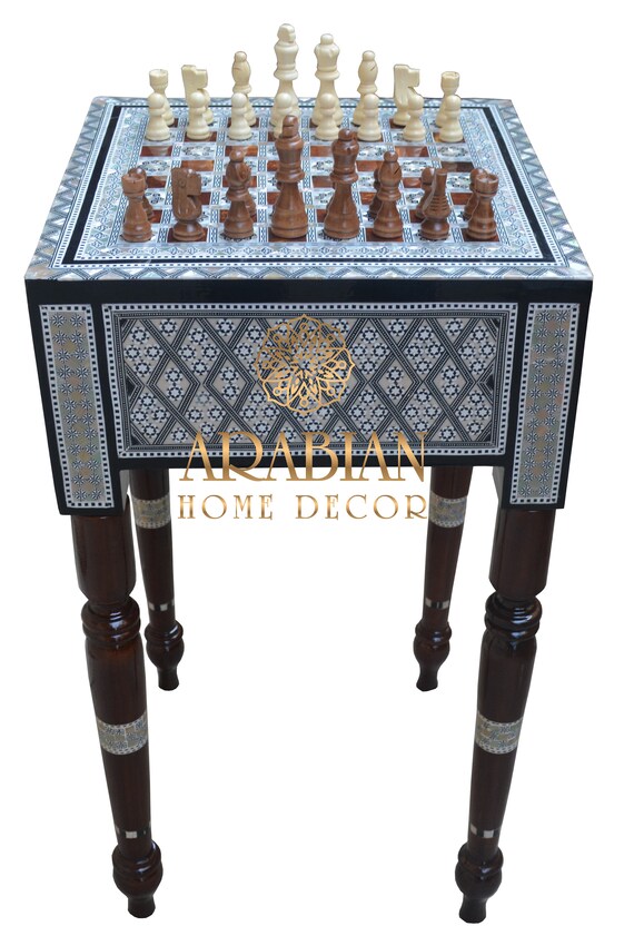 20" Square Egyptian Mother of Pearl Inlay Coffee Side Table Chess Game Table 