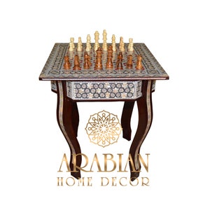 Chess Game Table, Board Game 16" Square Egyptian Mother of Pearl Inlaid Chess Side Table, Moroccan Coffee Table, Home Décor