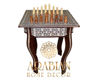 Chess Game Table, Board Game 16" Square Egyptian Mother of Pearl Inlaid Chess Side Table, Moroccan Coffee Table, Home Décor