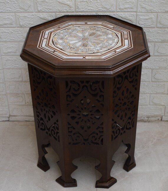 Moroccan 26 Height Mosaic Wood Side Table mother of Pearl Inlay