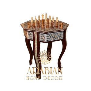Chess Game Table, Board Game 16" Octagonal Egyptian Mother of Pearl Inlaid Chess Side Table, Moroccan Coffee Table, Home Décor