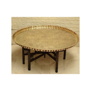 XLARGE 44&quot; Antique Engraved Brass Tray Table with Folding Wood Stand, Moroccan Middle Eastern Home Decor, Vintage Brass Coffee Tea Table