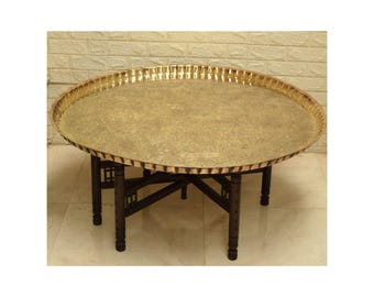 XL Antique Engraved Brass Tray Table: Moroccan Decor with Folding Wood Stand