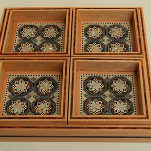 Handmade Mother of Pearl Inlay Wooden Tray Set: Egyptian Mosaic Platters