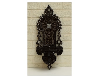Syrian Hand carved Mother of pearl Inlay Wall Hanging Wood Shelf, Morocco Wall Décor, Moroccan furniture, Wooden Wall Shelf