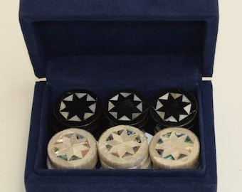 Handmade Egyptian Backgammon Chips: Mother of Pearl Inlay, Gift Box Set