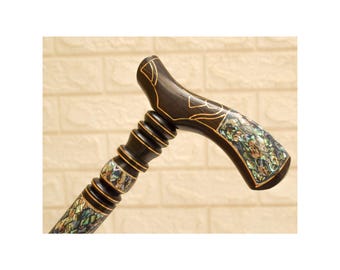 Ebony Walking Cane with Mother of Pearl Inlay Handmade Luxury Walking Stick