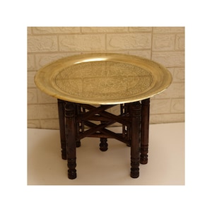 Handcrafted Moroccan Round Brass Tray Table with folding Wood Stand, Brass Coffee Tea Table, Moroccan Home Decor, Moroccan Furniture