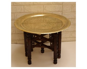 Handcrafted Moroccan Brass Tray Table with Folding Wood Stand