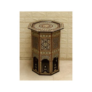 Handmade Moroccan Inlay Side Table: Mother of Pearl & Bone