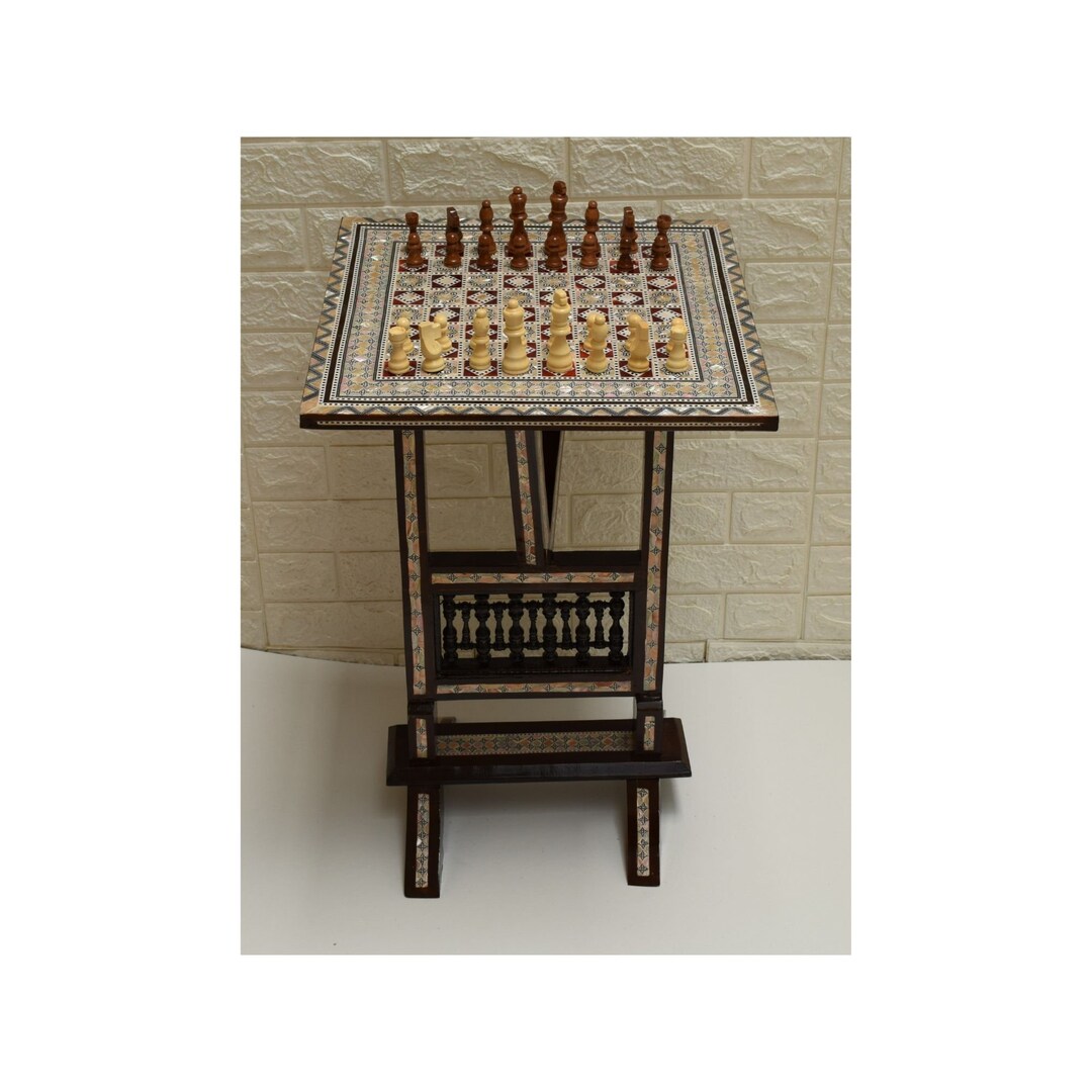 Egyptian Chess Game Table: Handmade Mother of Pearl Inlaid Folding Side ...